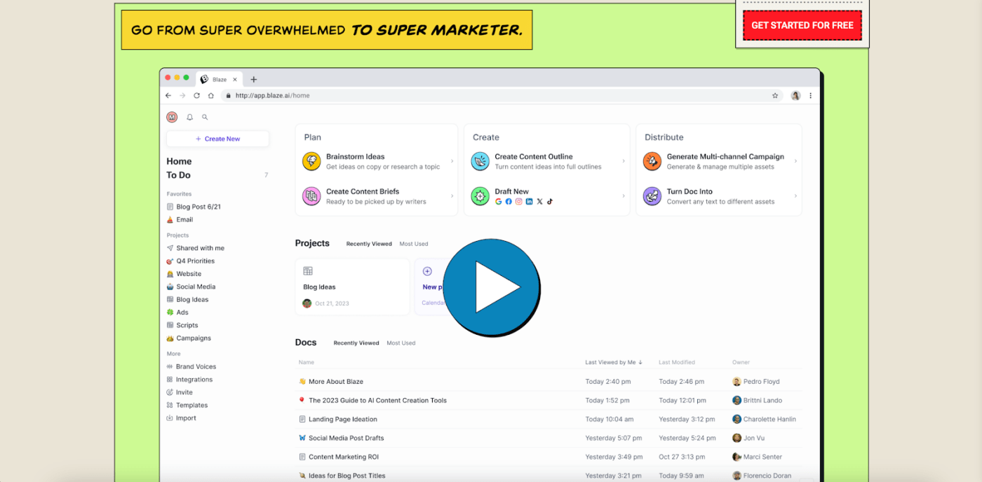 Blaze.ai's content generation & planning dashboard