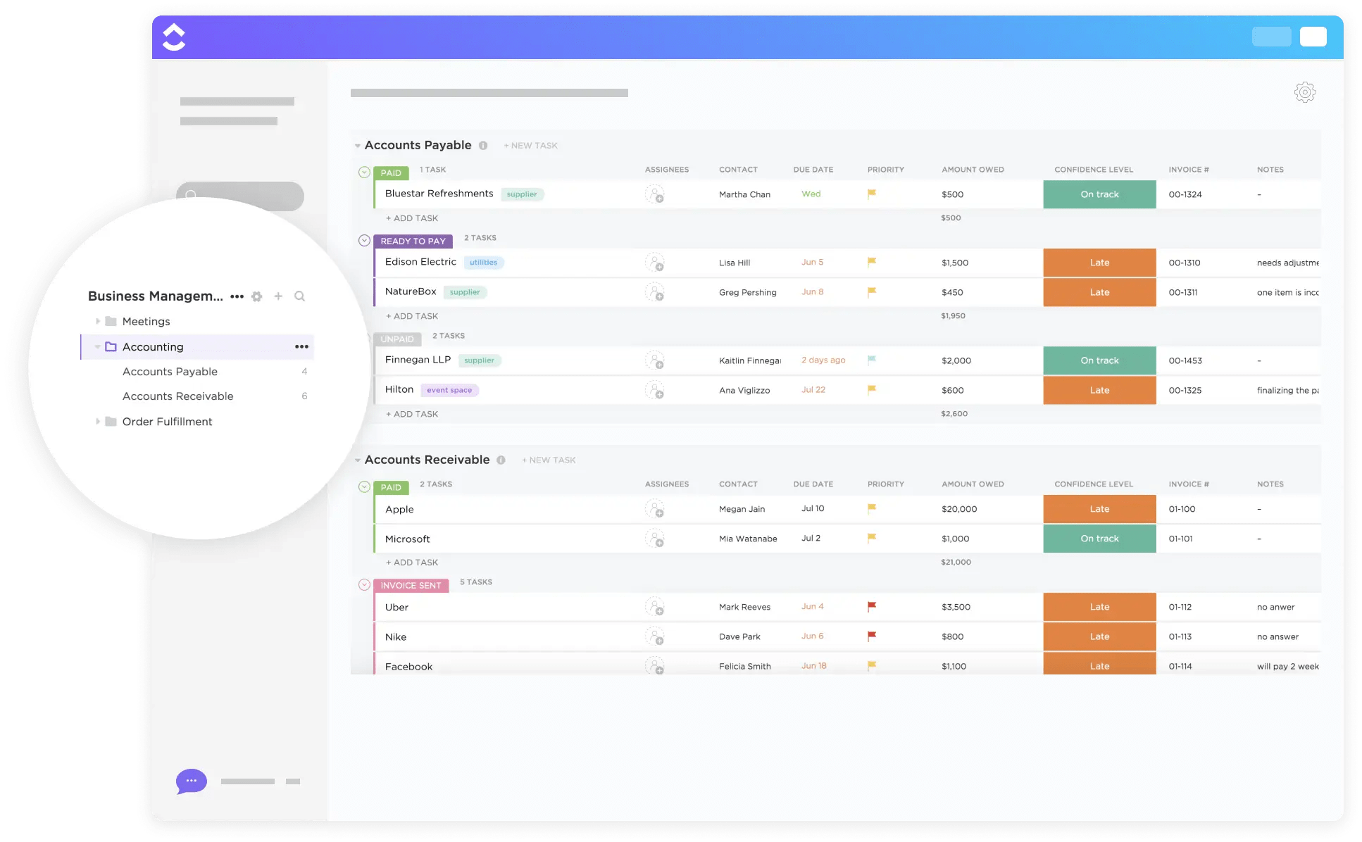 Controle as contas a pagar e a receber e nunca perca um prazo usando o modelo de contabilidade do ClickUp