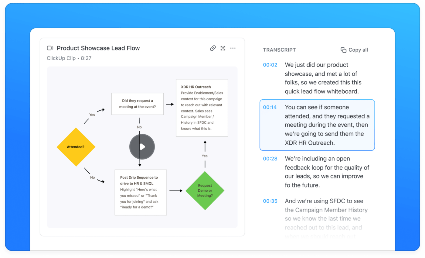 ClickUp Clips AI Transcription feature example