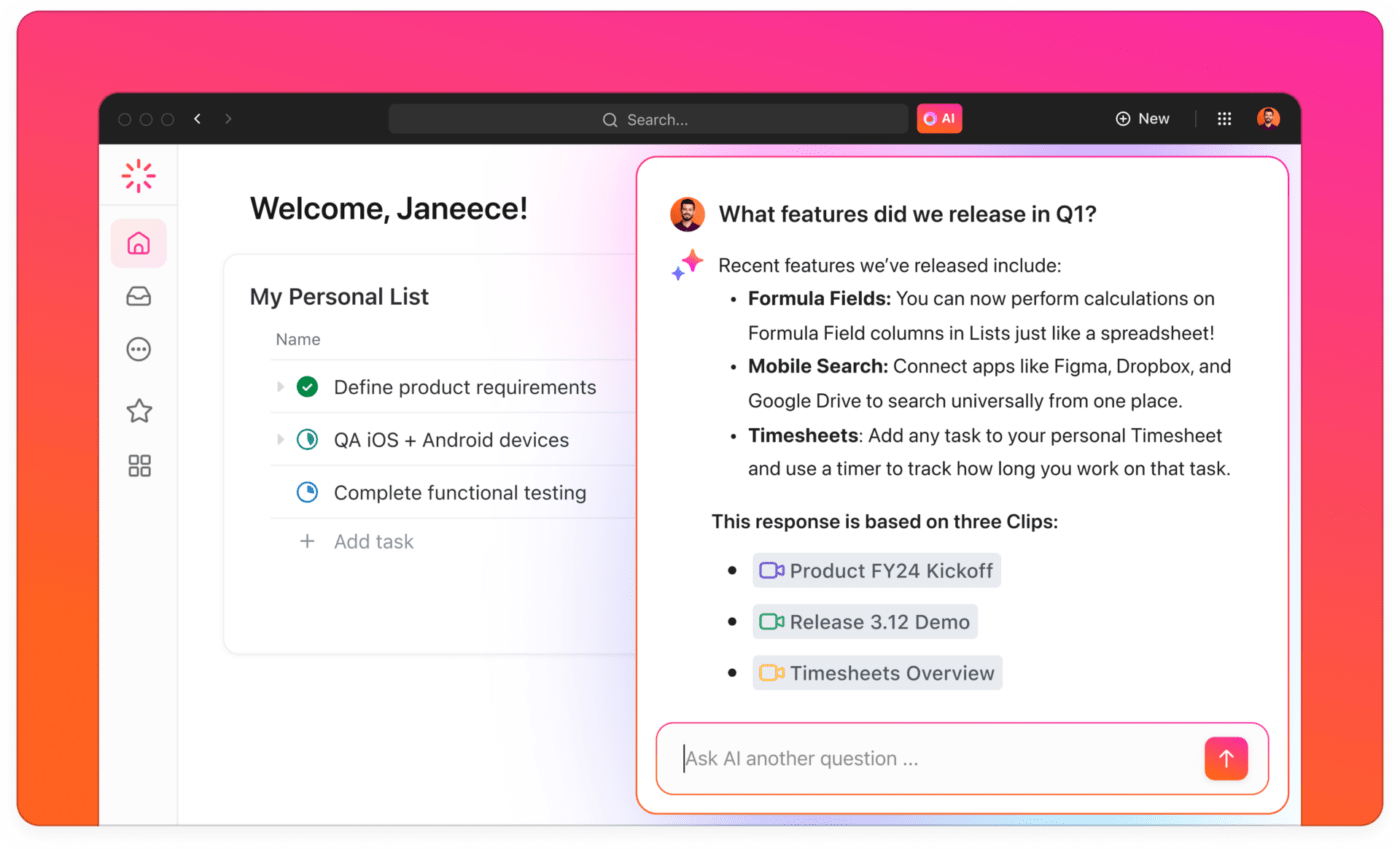ClickUp Clips Ask AI Feature Example