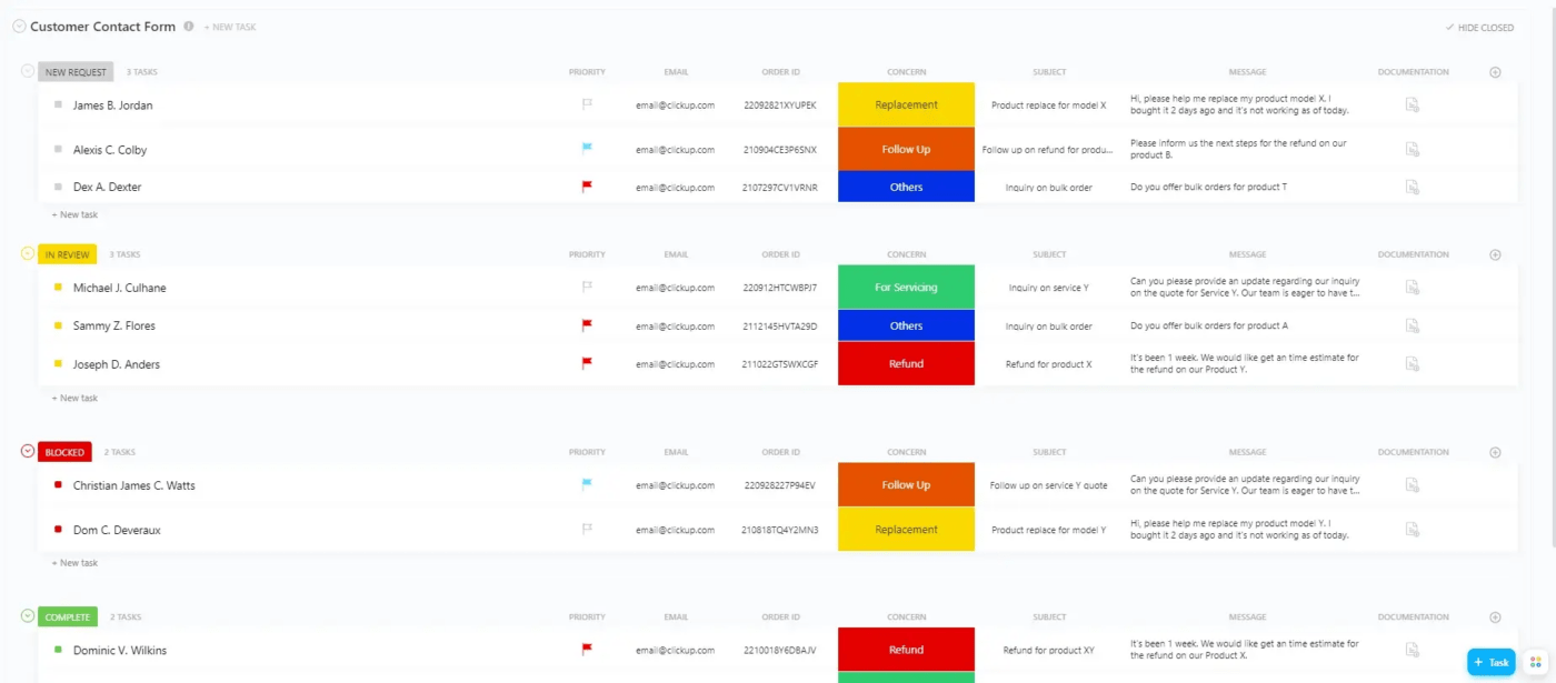 Templat Formulir Kontak Pelanggan ClickUp