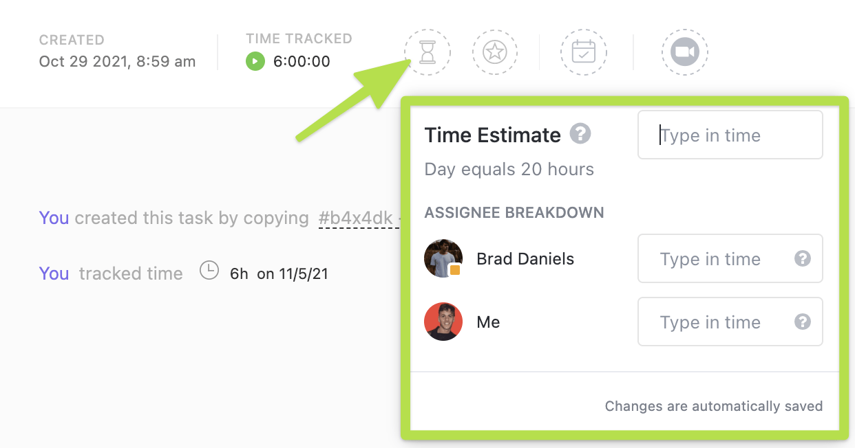 ClickUp's time estimate feature