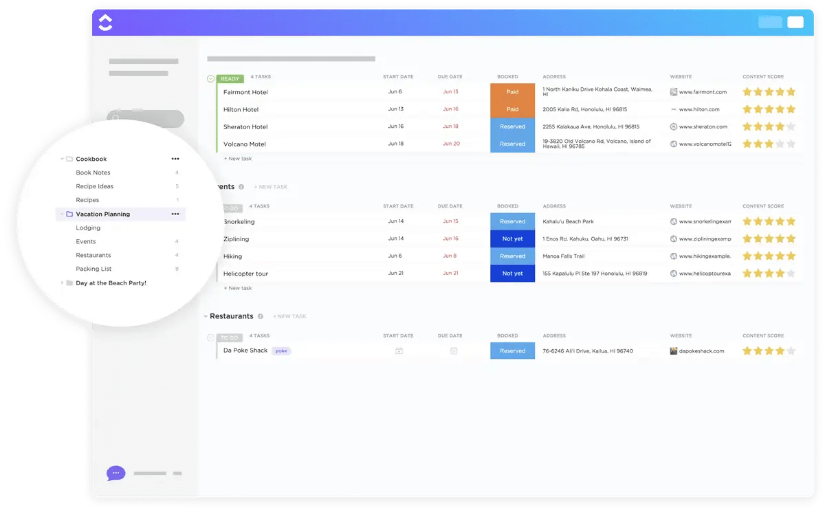 ClickUp Vacation Planning template