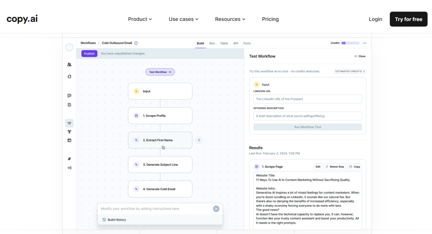 Copy.ai's email content generation workflow