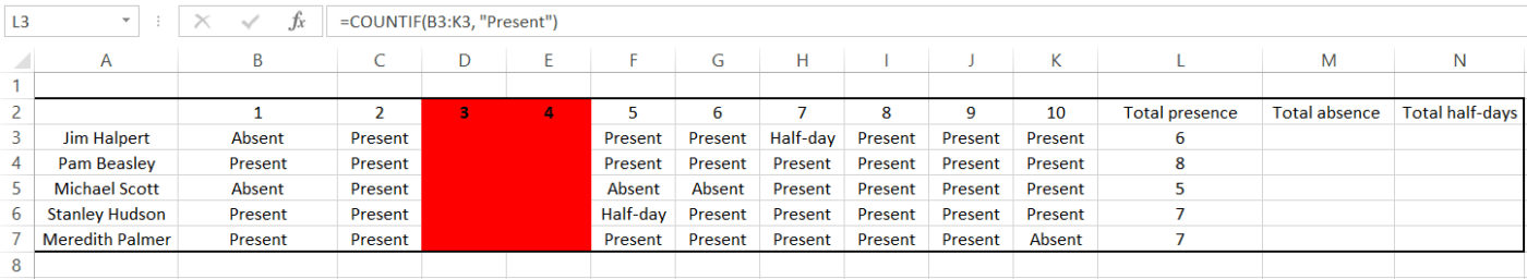 Creating an attendance sheet in Excel: Adding formulas