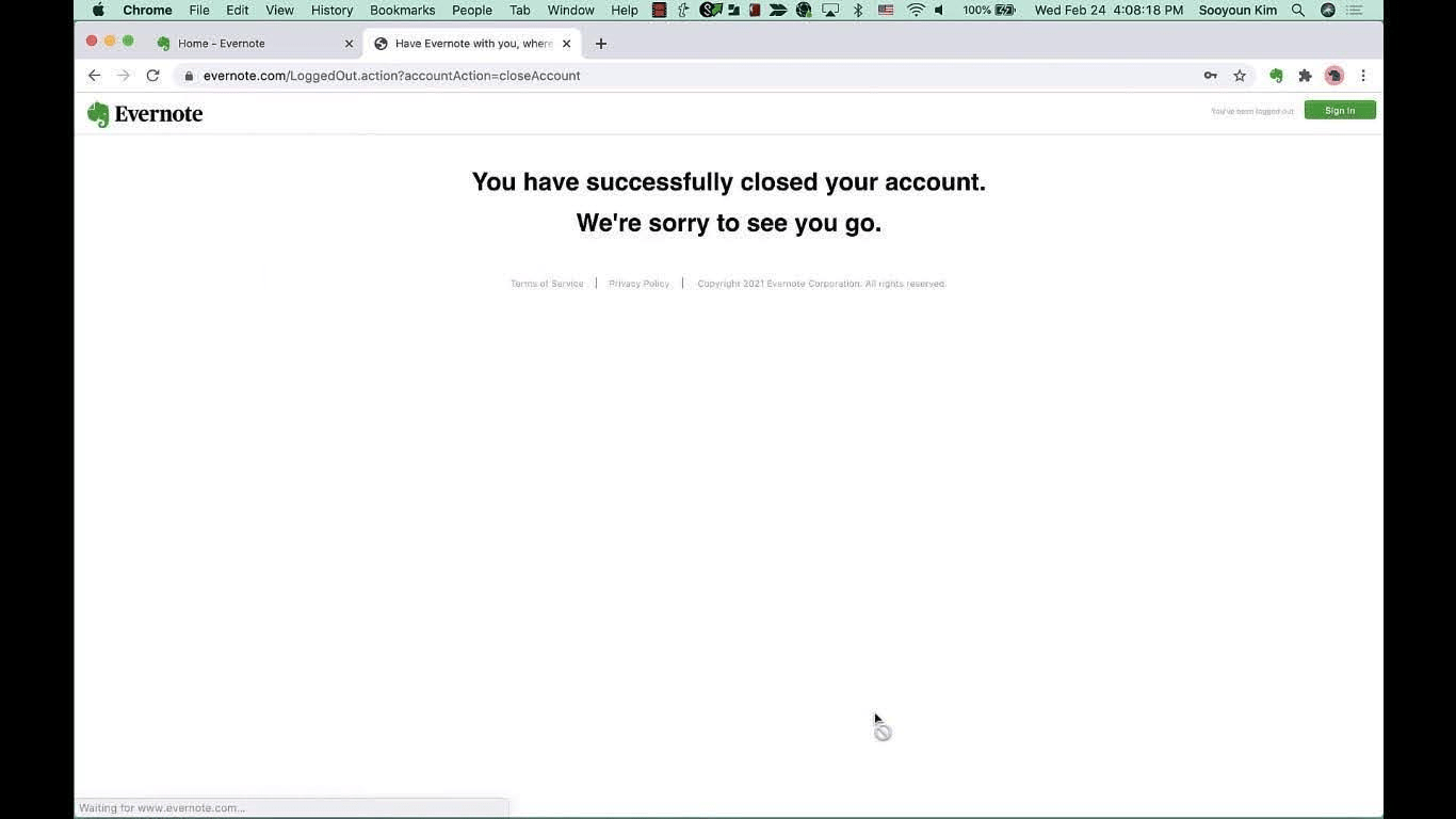 Evernote account closed tab