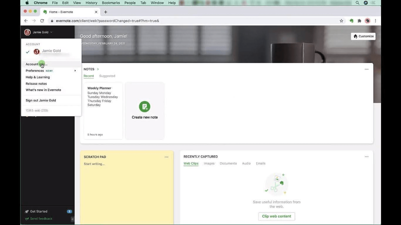 Evernote user account home dashboard