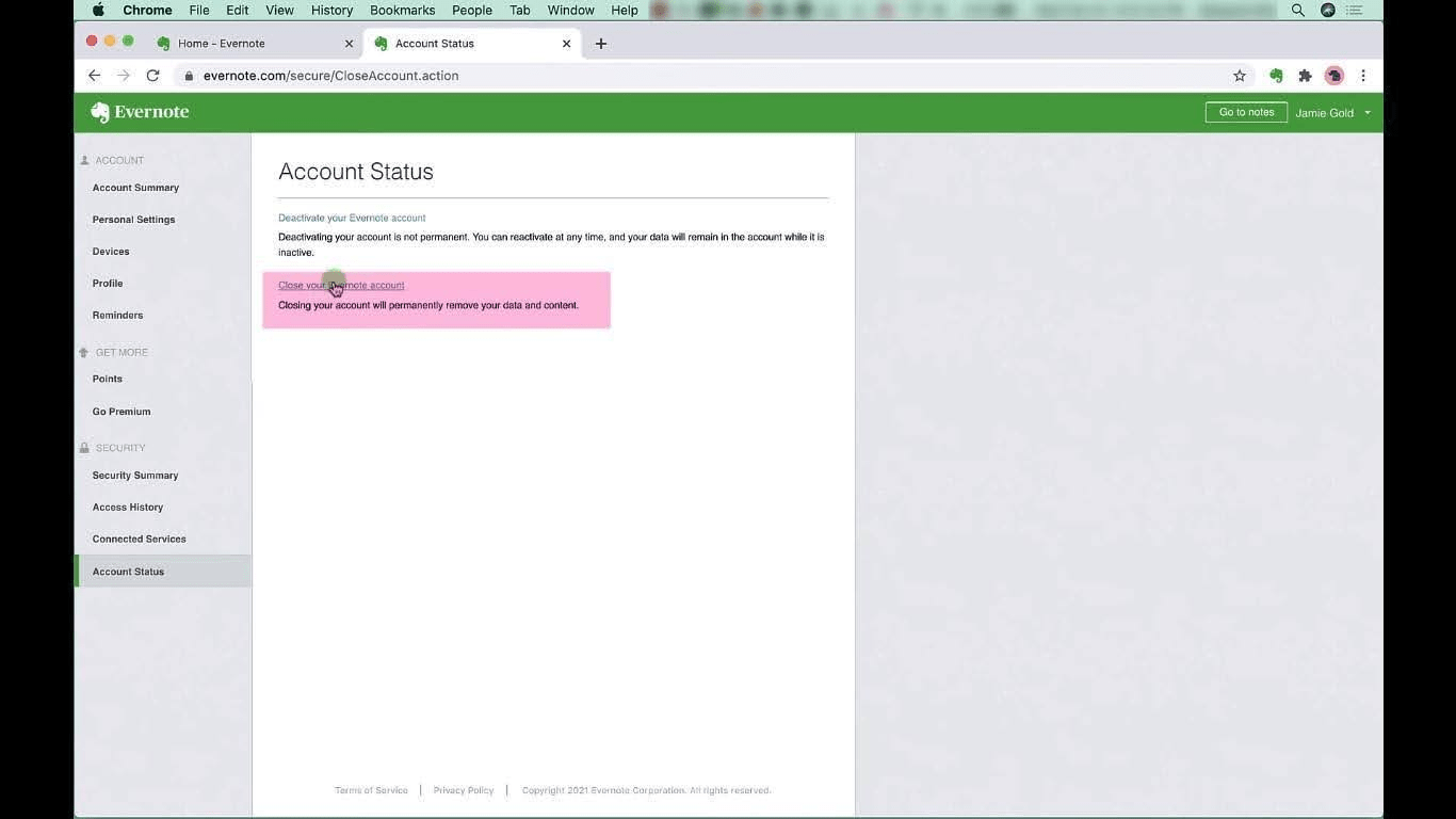 Evernote user account status tab