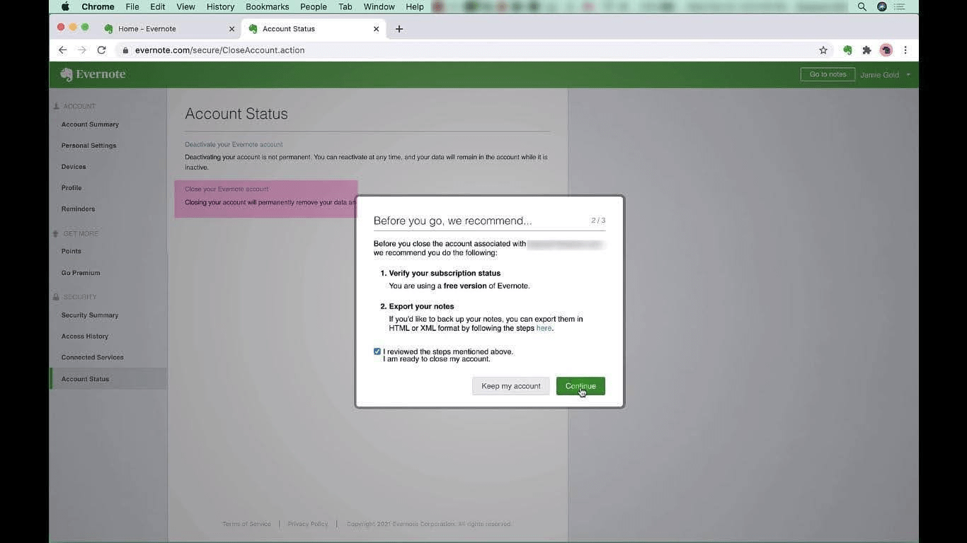 Evernote additional information pop-up