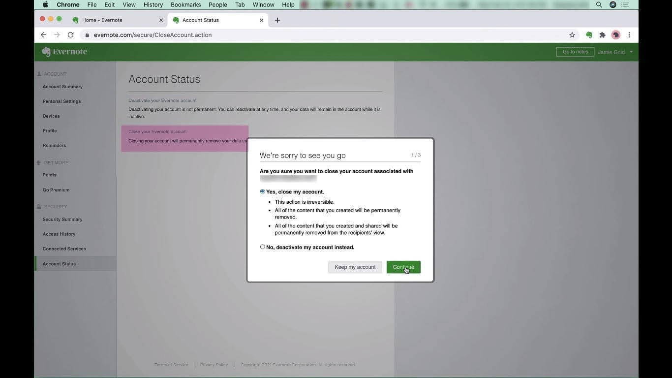 Evernote re-confirm pop-up