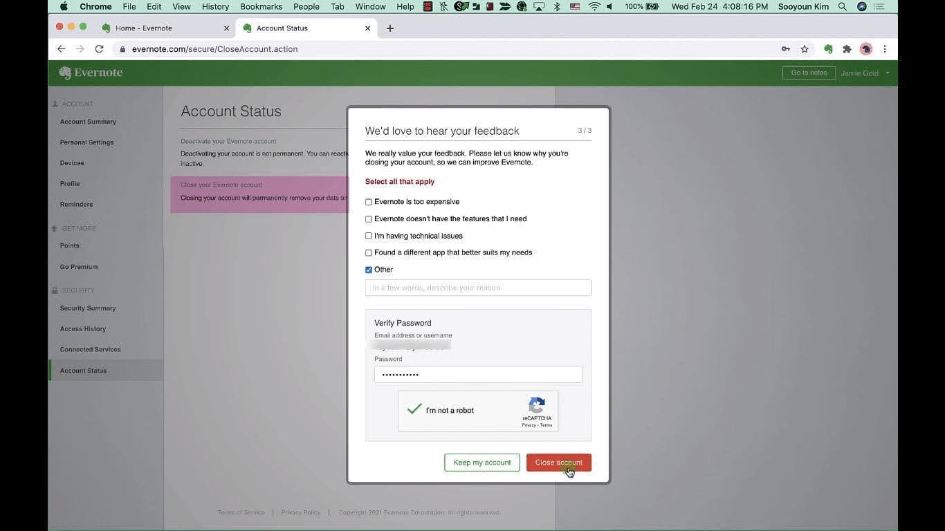 Evernote final confirmation pop-up
