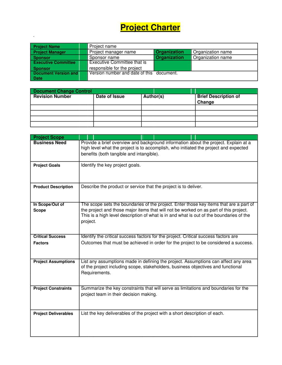 Excelshe's Project charter accounting template