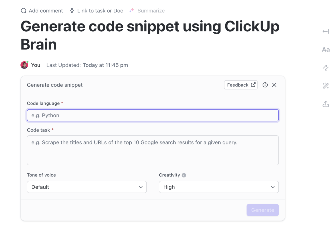 Generate code snippet using ClickUp Brain