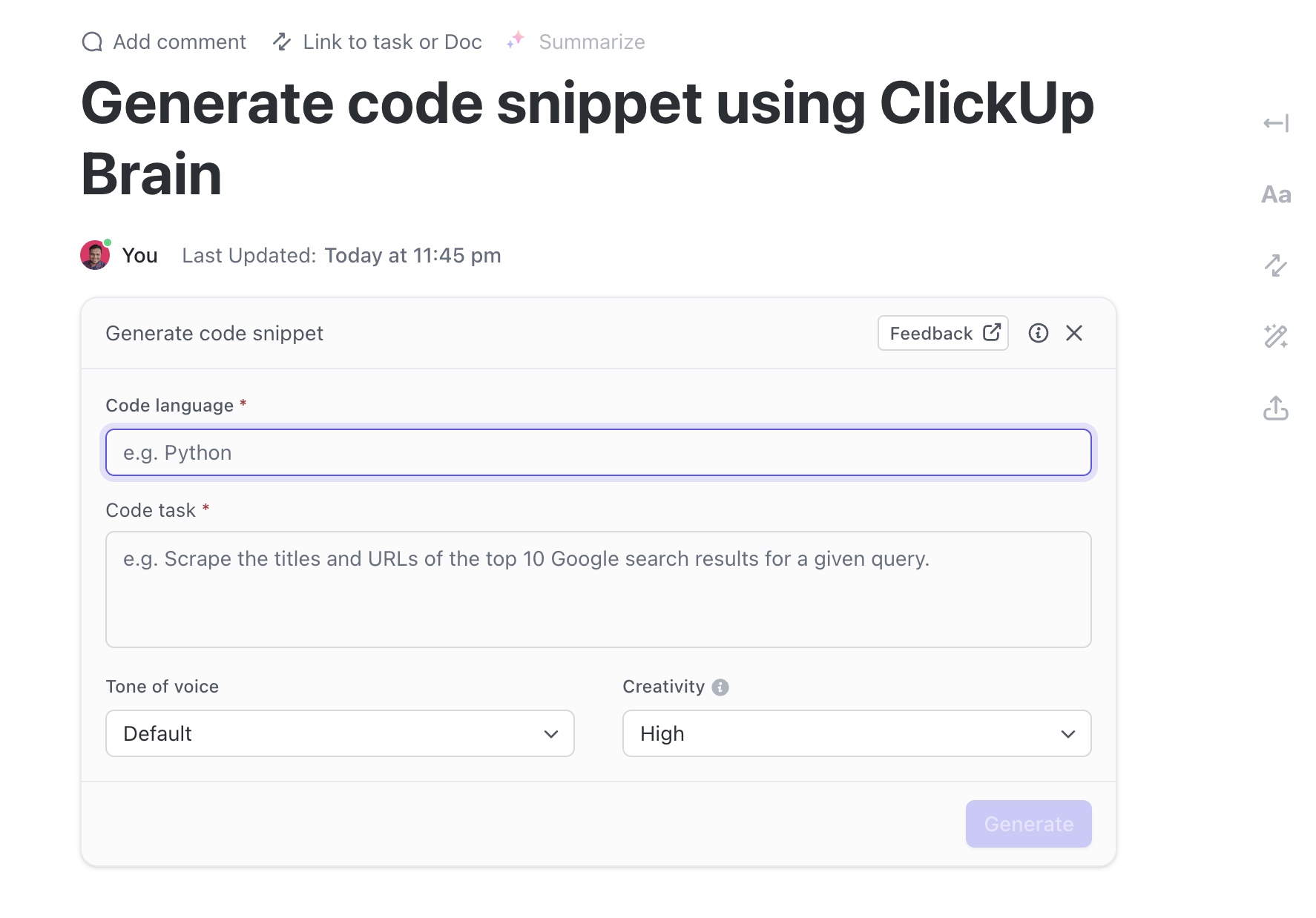 Generate code snippet using ClickUp Brain  