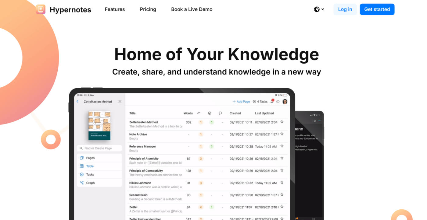 Vista Lista de notas en Hypernotes