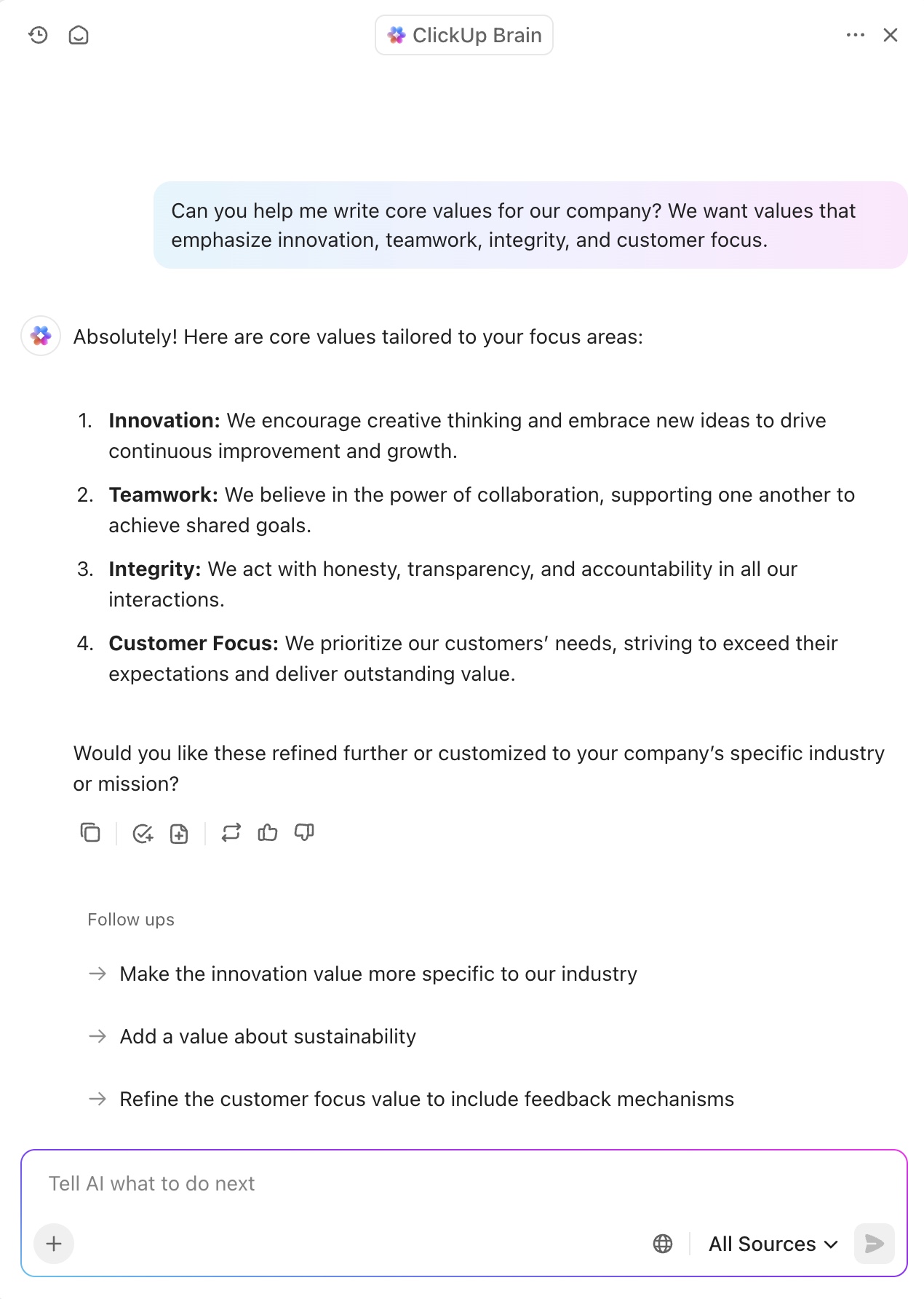 clickup brain: core values examples