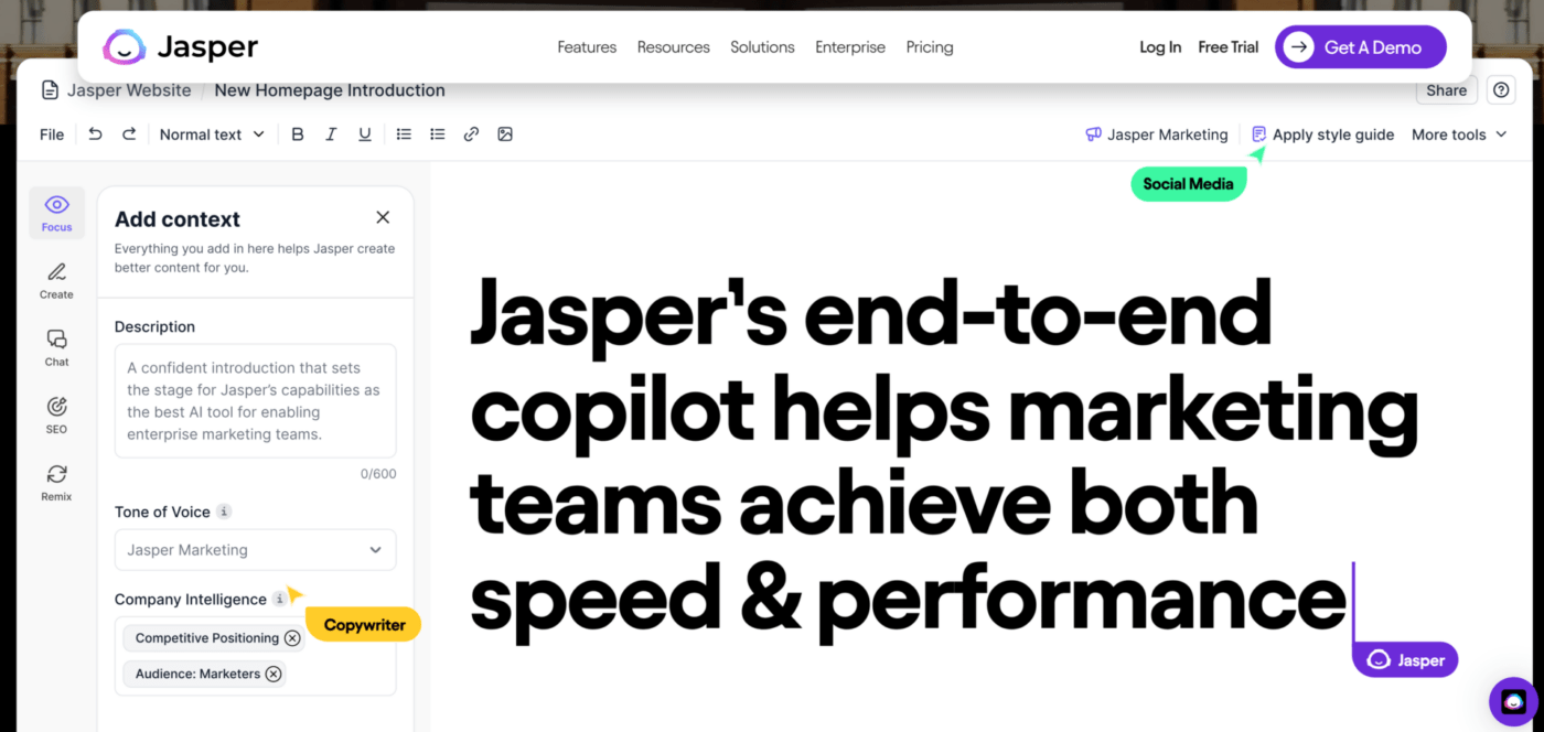 Copiloto de IA de Jasper para equipos de marketing