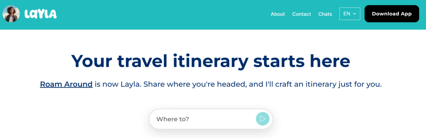 Layla AI travel planner home page