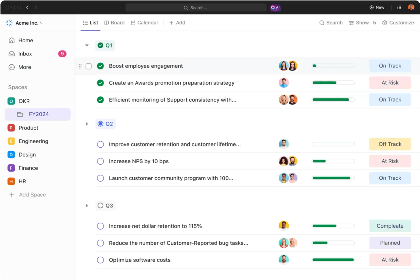 Visualização de lista ClickUp para operações