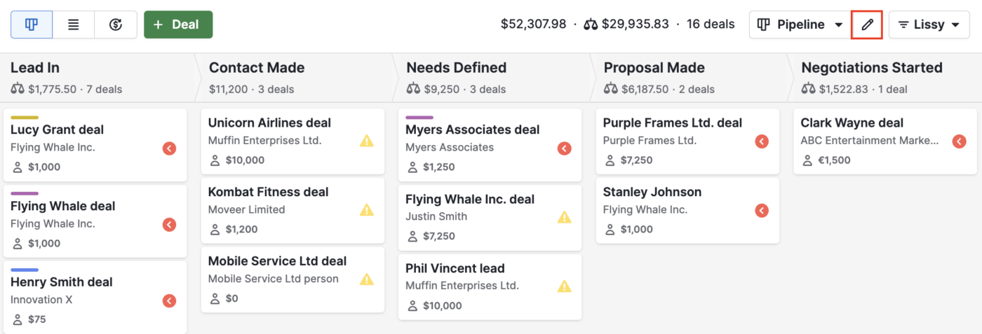 Pipeline view on Pipedrive customizable CRM software