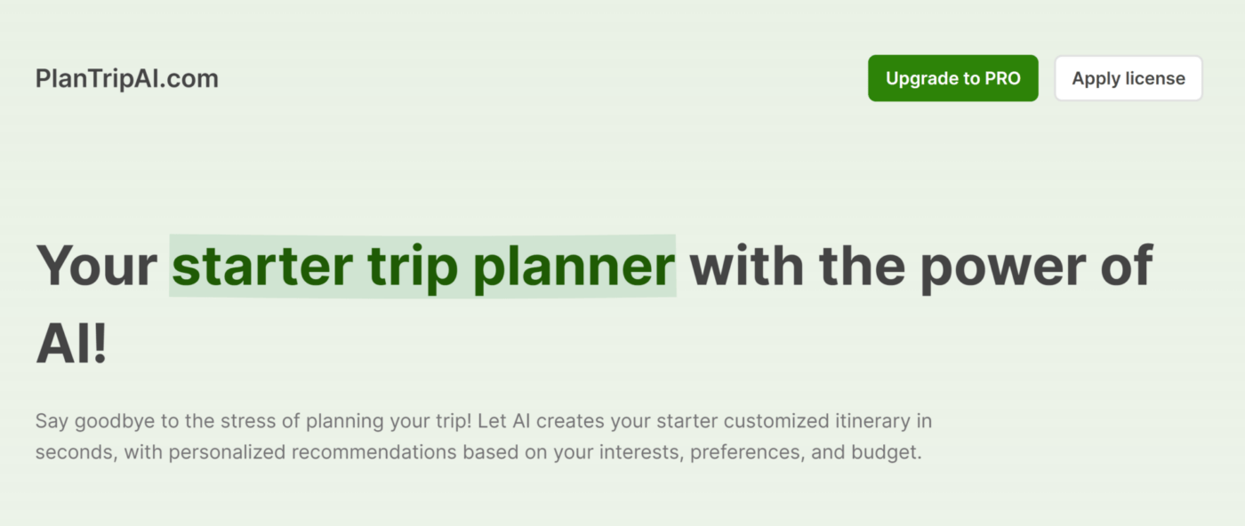 PlanTrip AI's home page