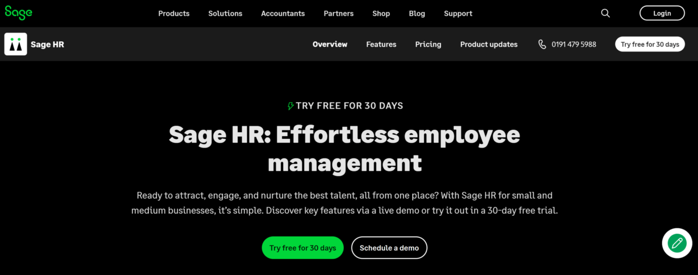 Sage HR home page 