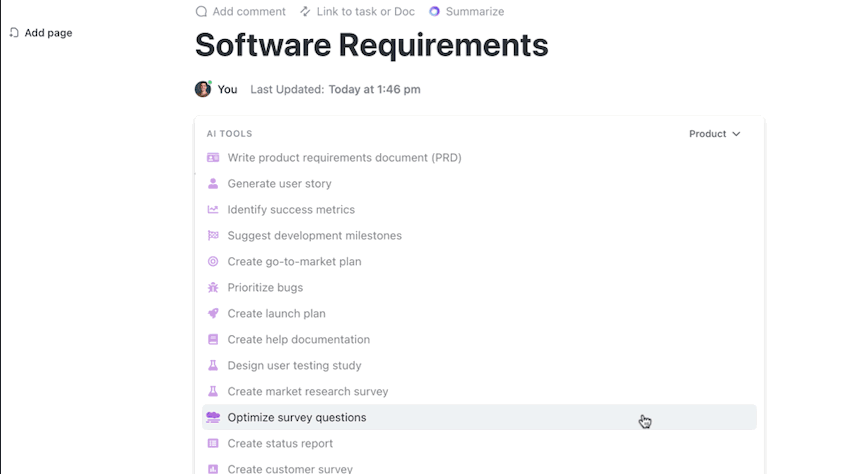 Strumenti di IA di ClickUp per i team di software