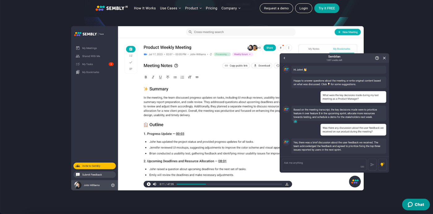 Sembly's AI-driven meeting notes and automation features 