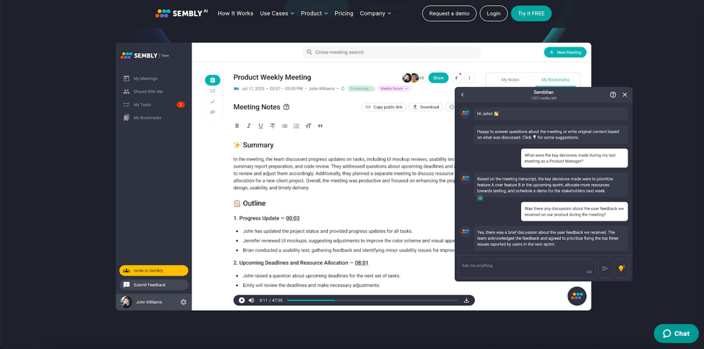 Sembly's AI-gestuurde aantekeningen voor vergaderingen en automatisering functies