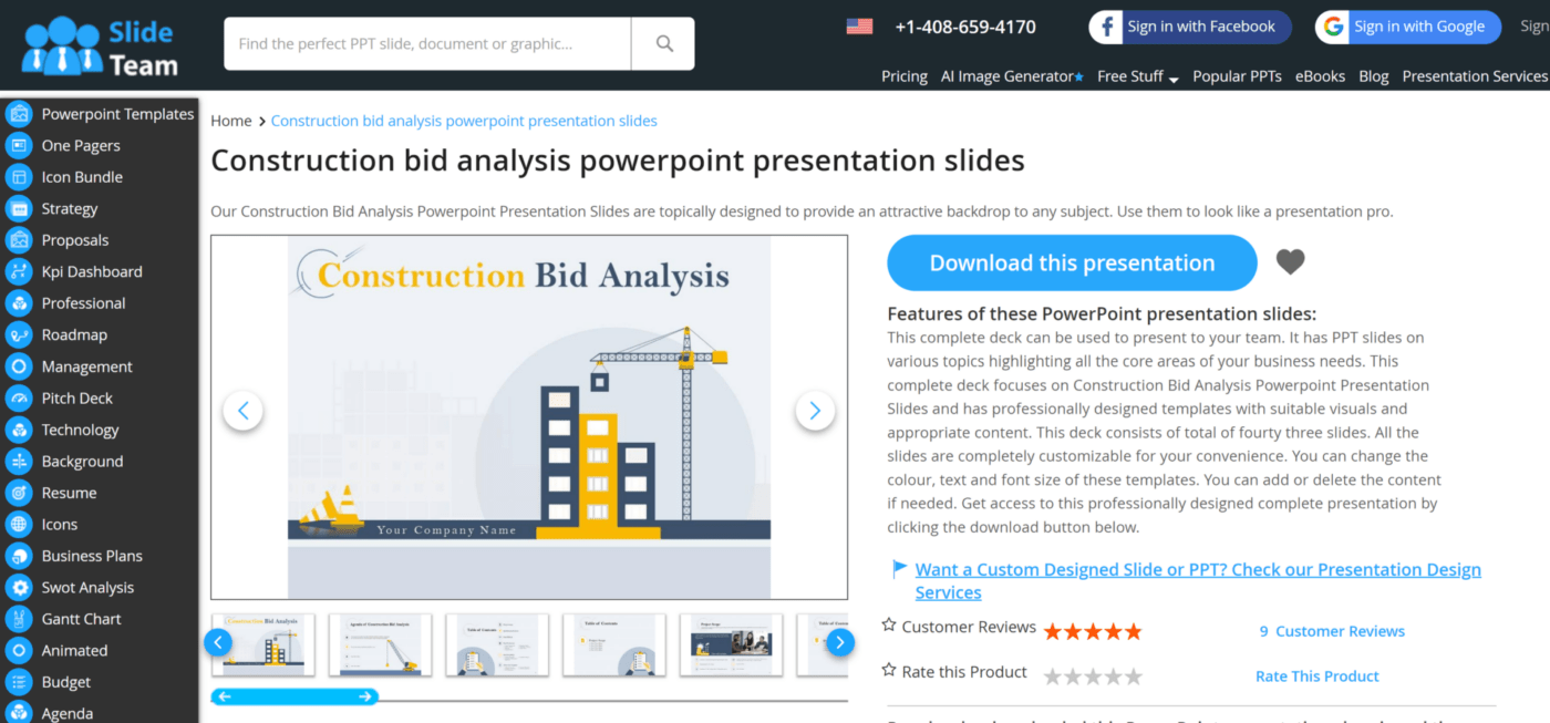 Plantilla PPT de análisis de ofertas de construcción por Slideteam