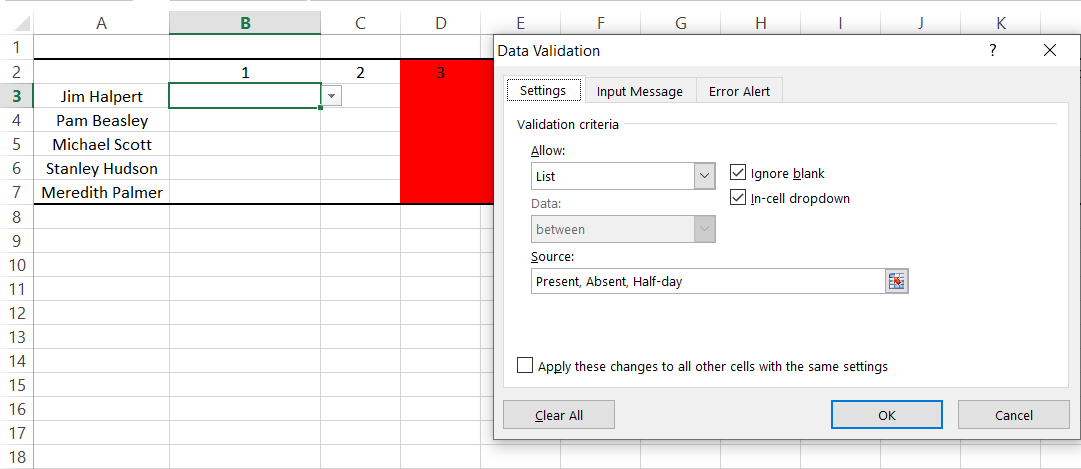 Creating an attendance sheet in Excel: Step 3