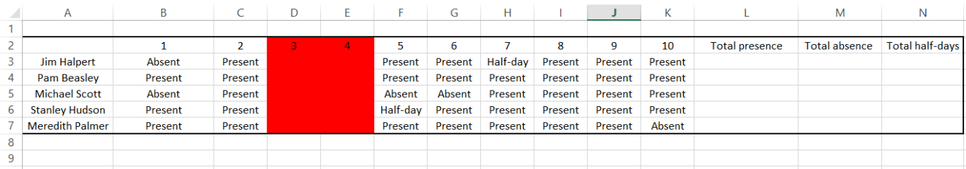 Creating an attendance sheet in Excel: Step 4