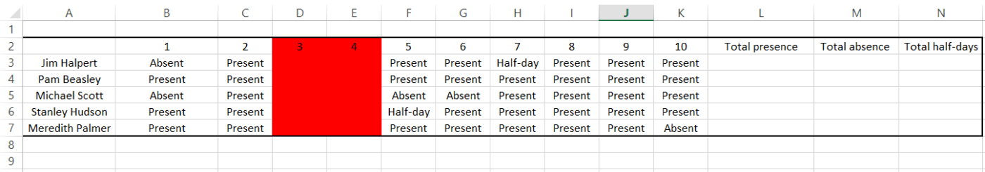 Erstellen einer Anwesenheitsliste in Excel: Schritt 4