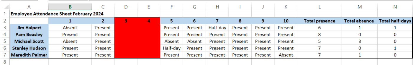 Creating an attendance sheet in Excel: Step 5