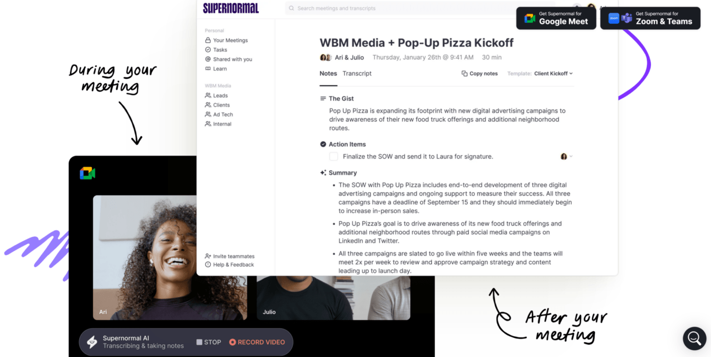 Supernormal's AI meeting notes creator
