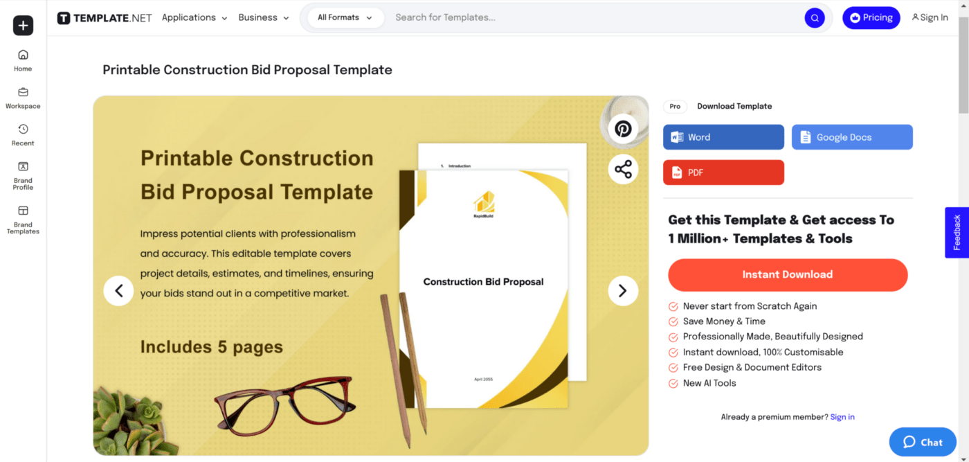 A construction bid proposal template by Template.net