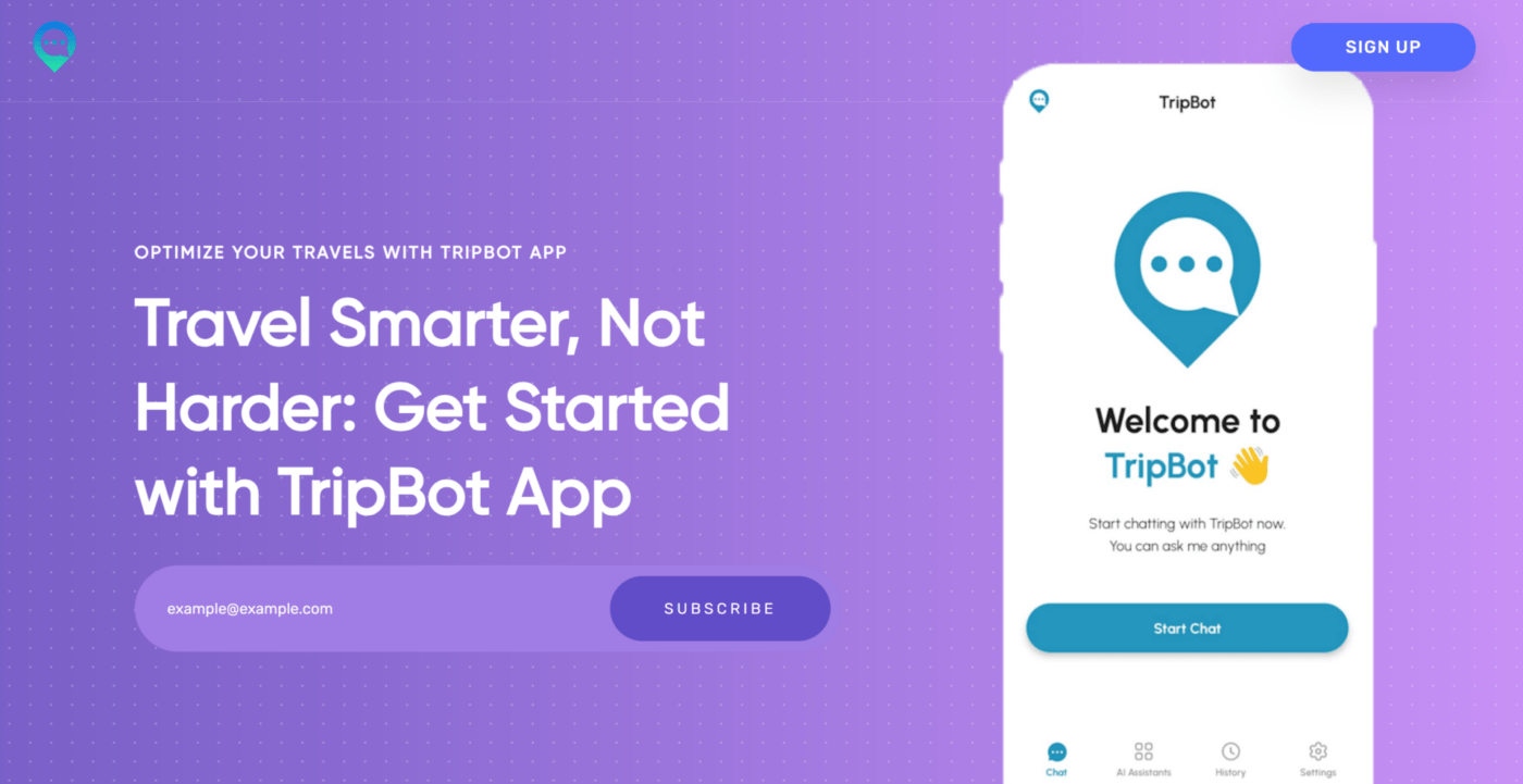 Pagina iniziale dell'applicazione TripBot