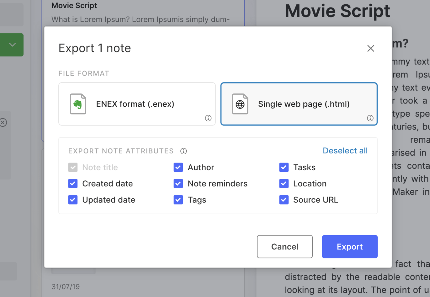 exportieren aus Evernote: Auswahl eines Dateiformats in Evernote