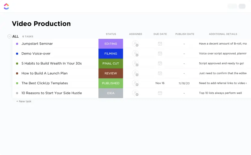 Plan, manage, and customize your videos with ClickUp’s Video Production Template