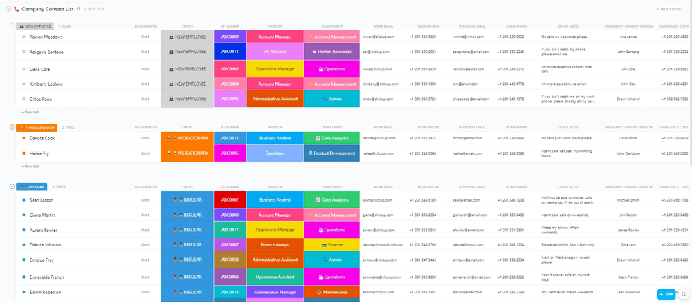 Modèle de liste de contacts d'entreprises ClickUp