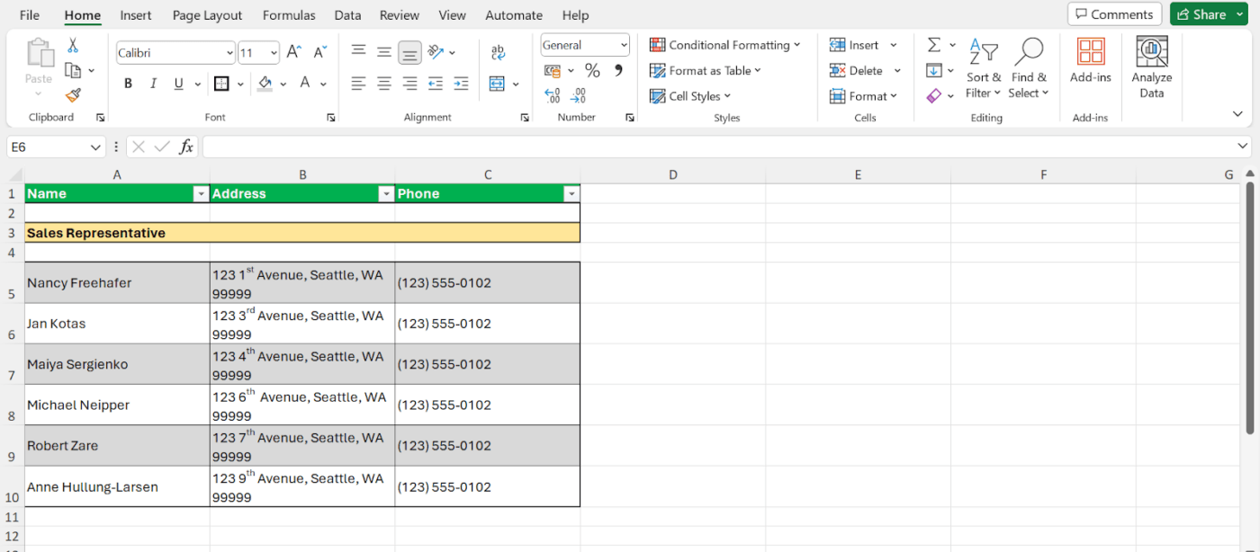 Anpassen von Daten in Excel