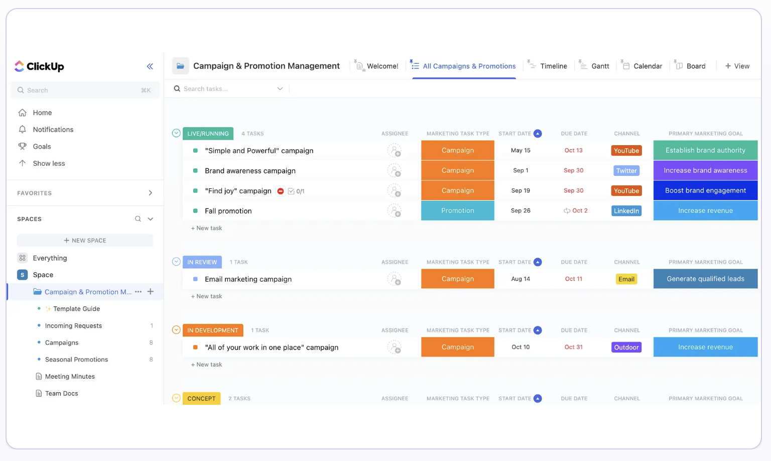 Plan, track, and execute campaigns in no time with the ClickUp Campaign and Promotion Management Template