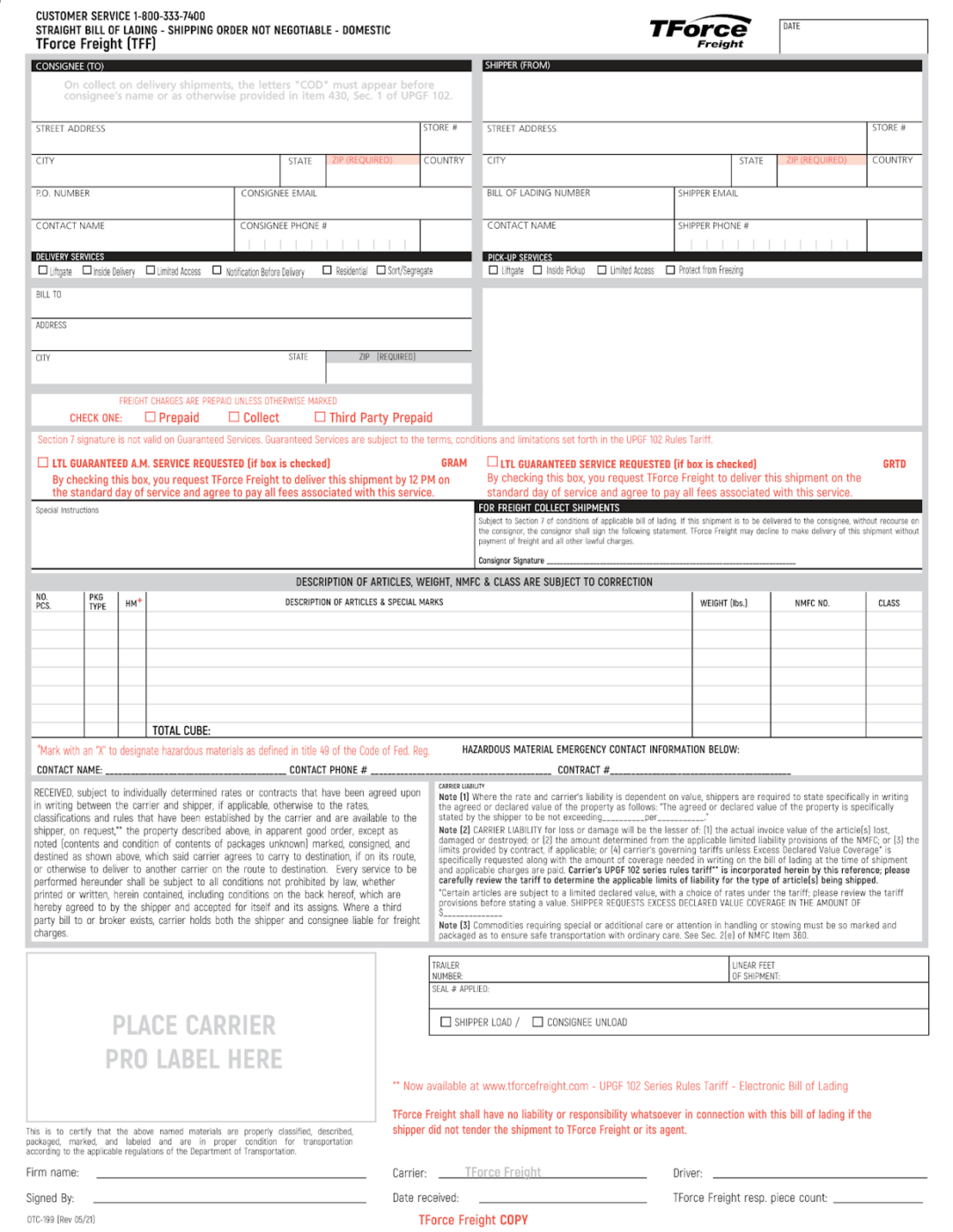 Bill of Lading Form Template by TForceFreight 