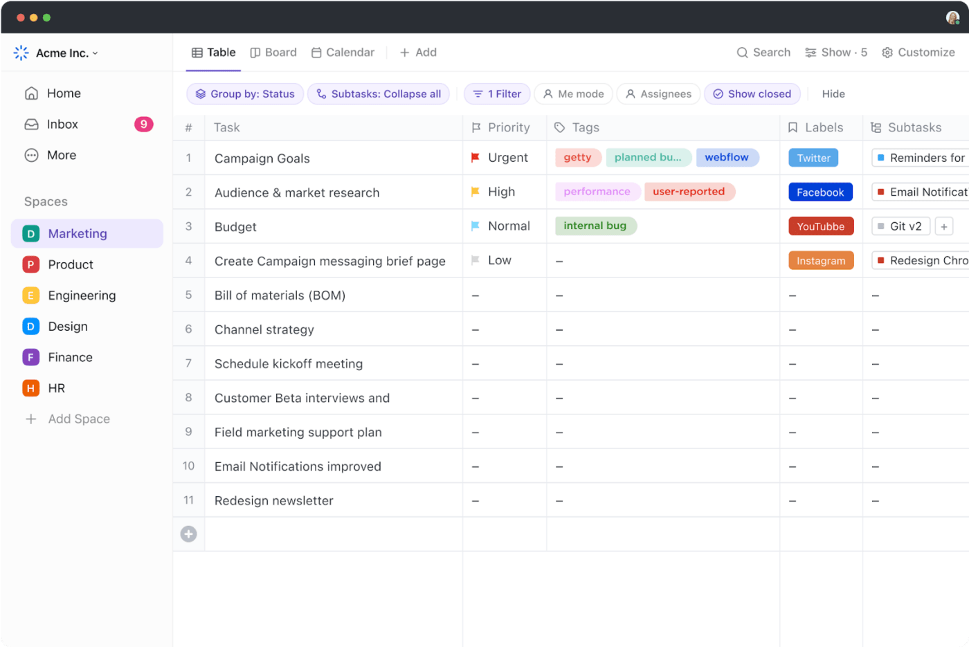 ClickUp Table view