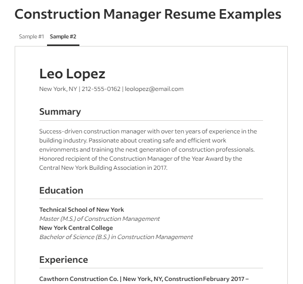 Construction Manager Resume Template by Indeed