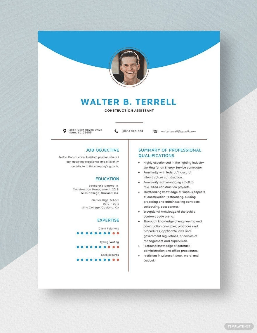 Construction Assistant Resume Template by Template.net