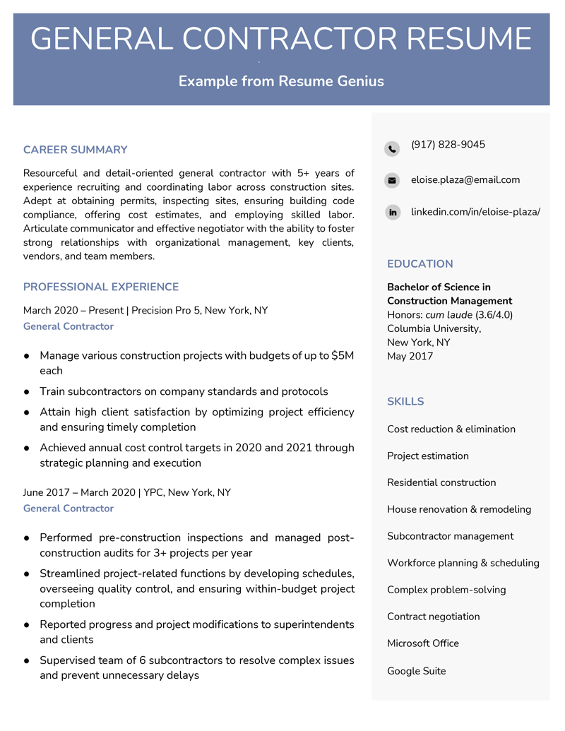 General Contractor Resume Template by Resume Genius