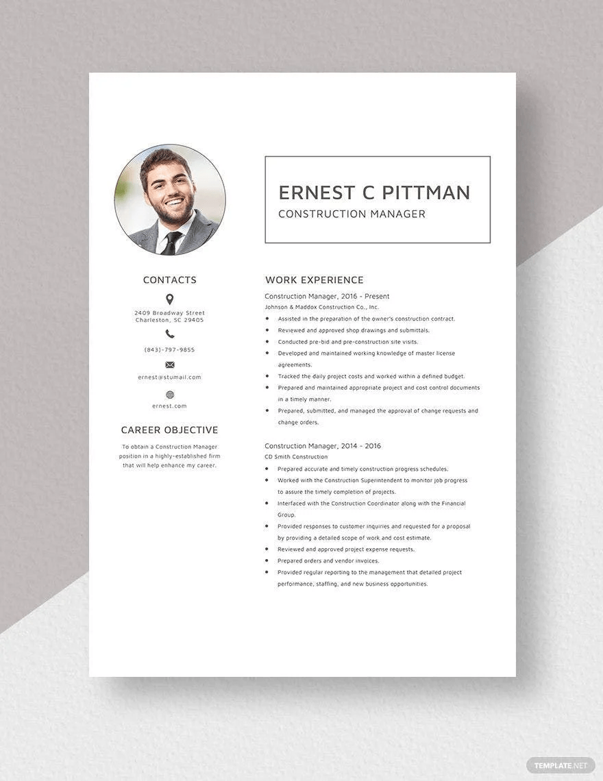 Construction Manager Resume Template by Template.net