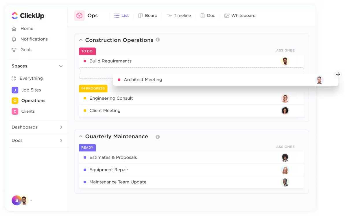 ClickUp’s Construction Project Management tool showing some to-do list examples