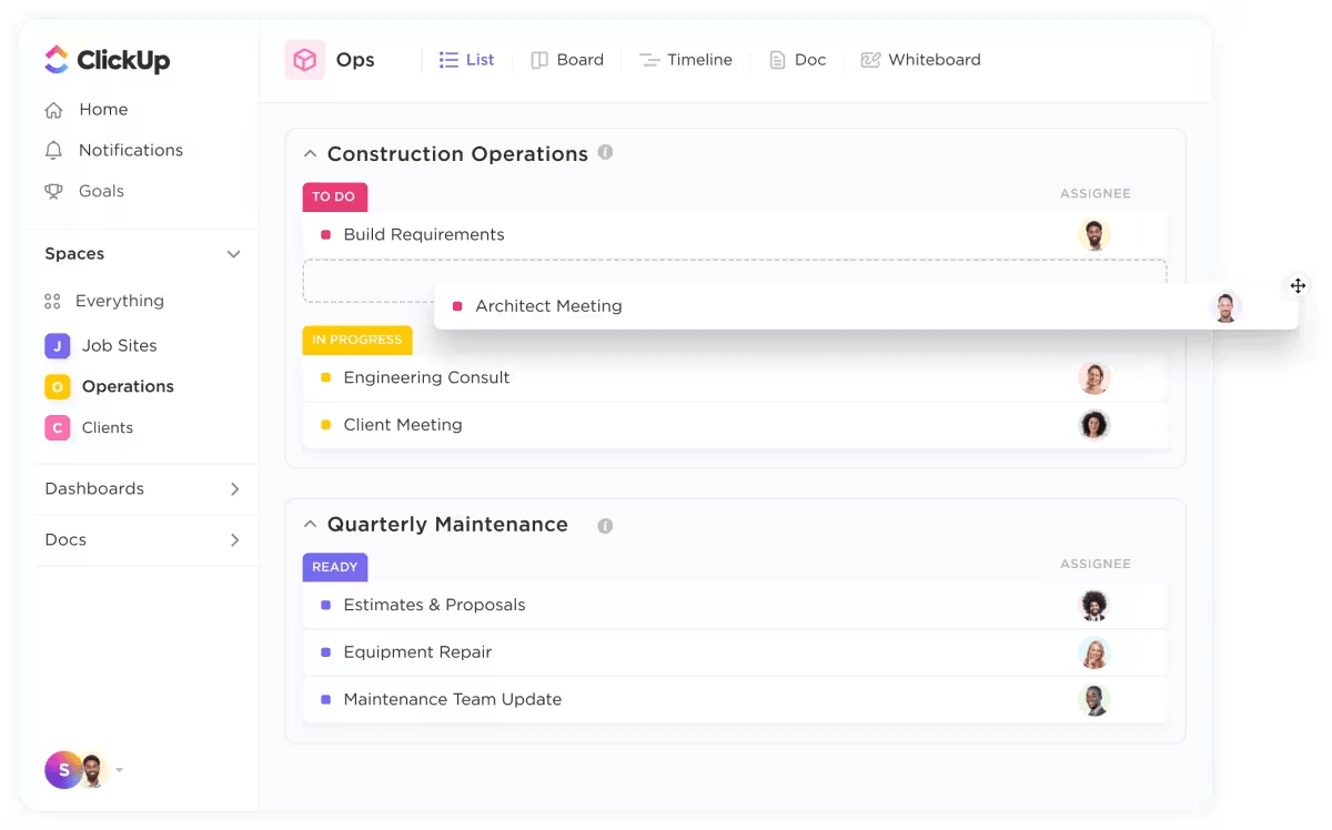 ClickUpの建設プロジェクト管理ツール